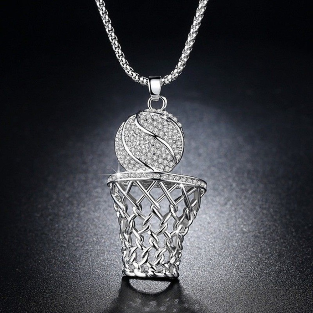 SILVER PLT HIP HOP BASKETBALL ICED OUT CZ NECKLACE